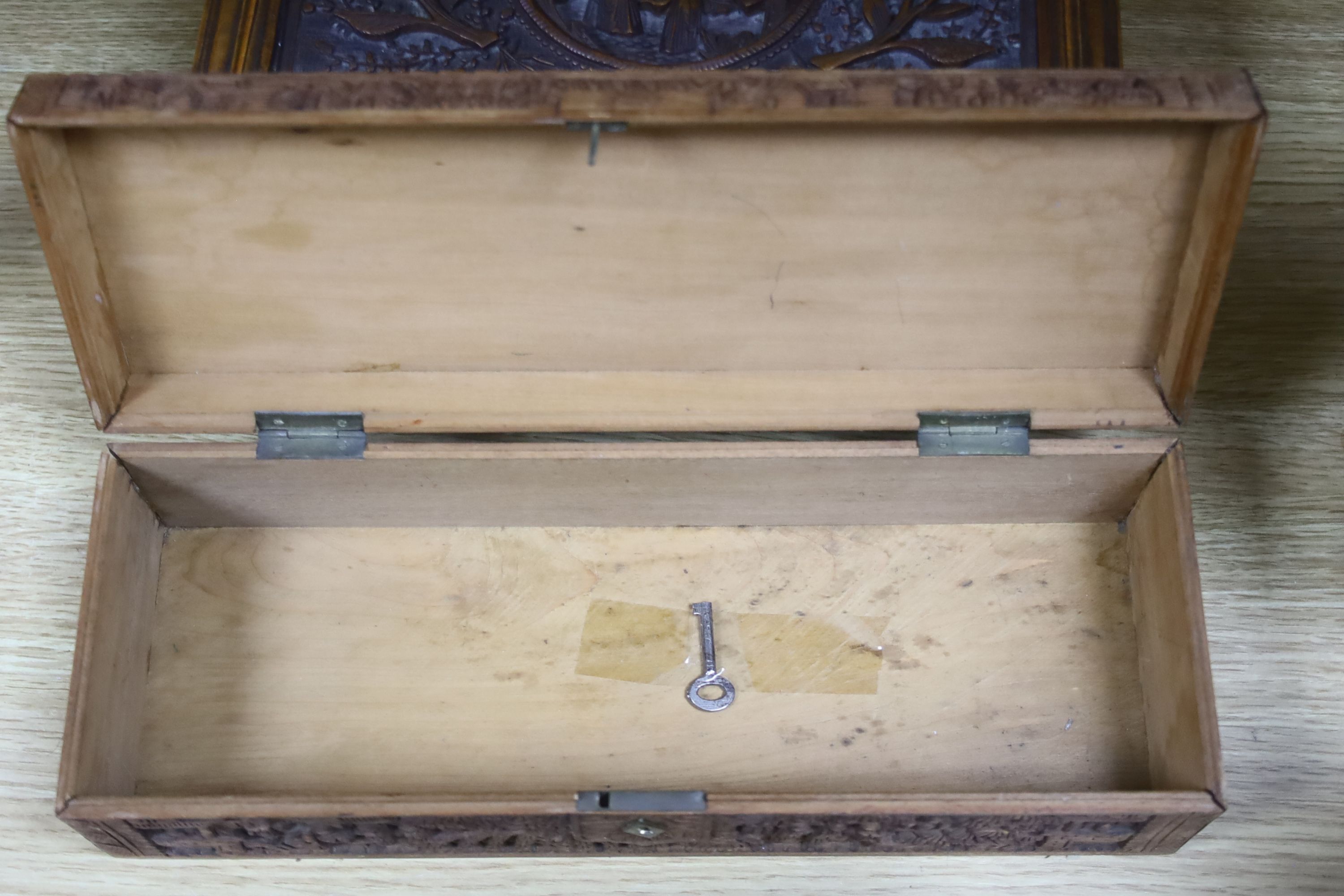 Three 19th century Chinese carved sandalwood boxes, 19th/20th century, longest 30cm